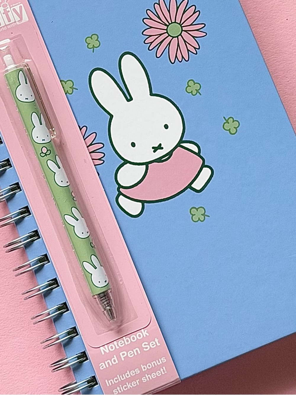 miffy Blue & Pink Spiral Notebook and Green Pen Set with Stickers